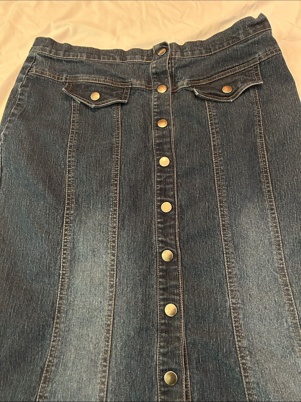 Jean Skirt Panel A-Line Flared Button/Snap Front Dark Blue Denim Stretch Maxi 14 - Picture 3 of 6